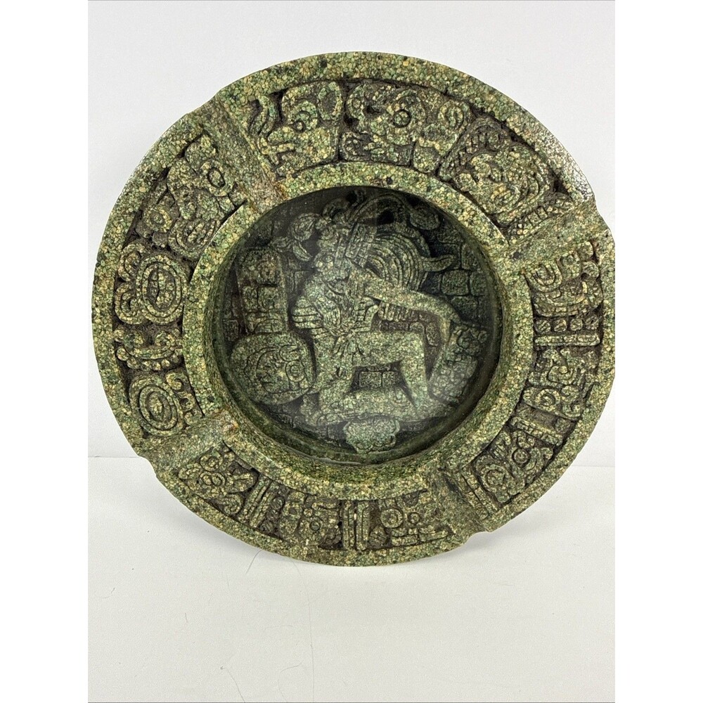 Vintage 1970s Green Crush Malachite Stone Ashtray 7" Dish Aztec Mayan Calendar